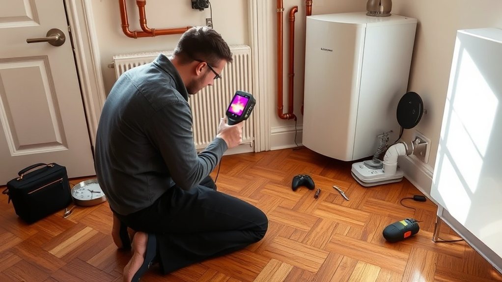Engineer locating central heating leak using thermal imaging in Forest Hill